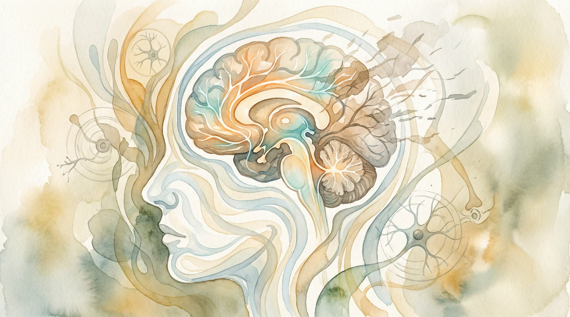 Watercolor illustration of a human brain profile with neural pathways, representing cognitive health and memory in midlife