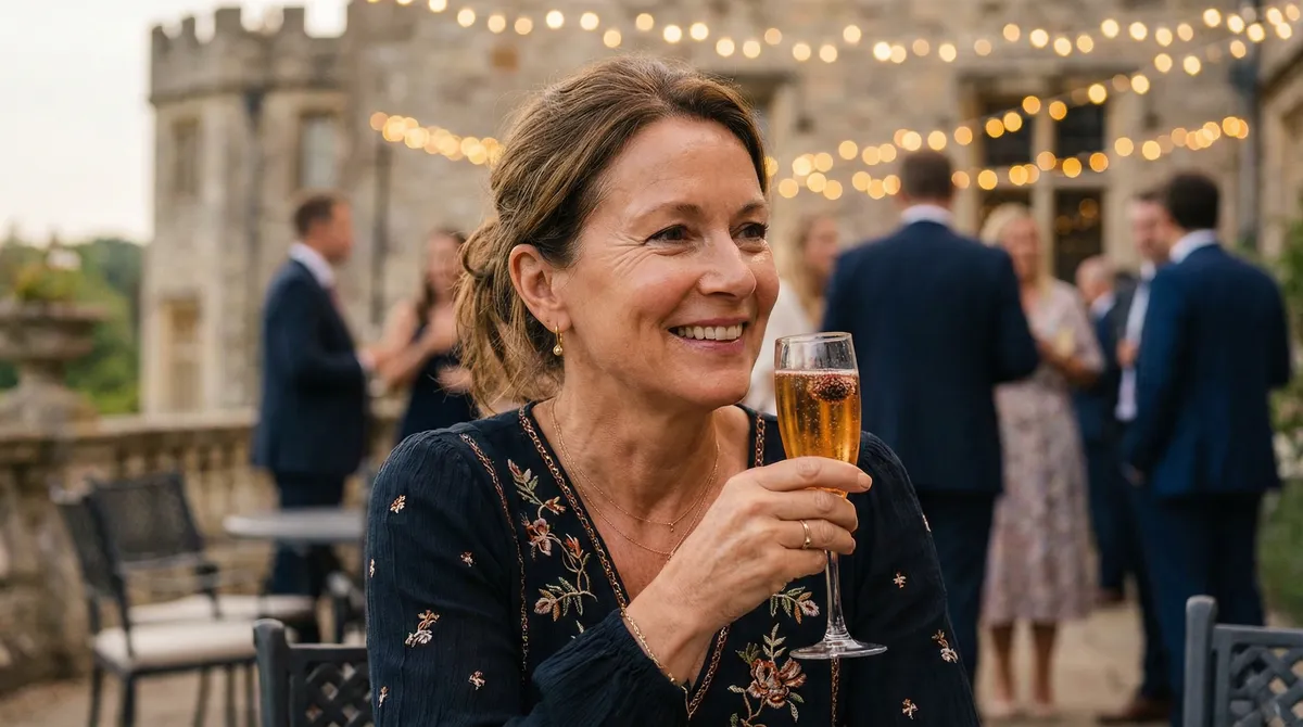 Elegant woman at an evening event holding a sparkling mocktail, looking confident and radiant