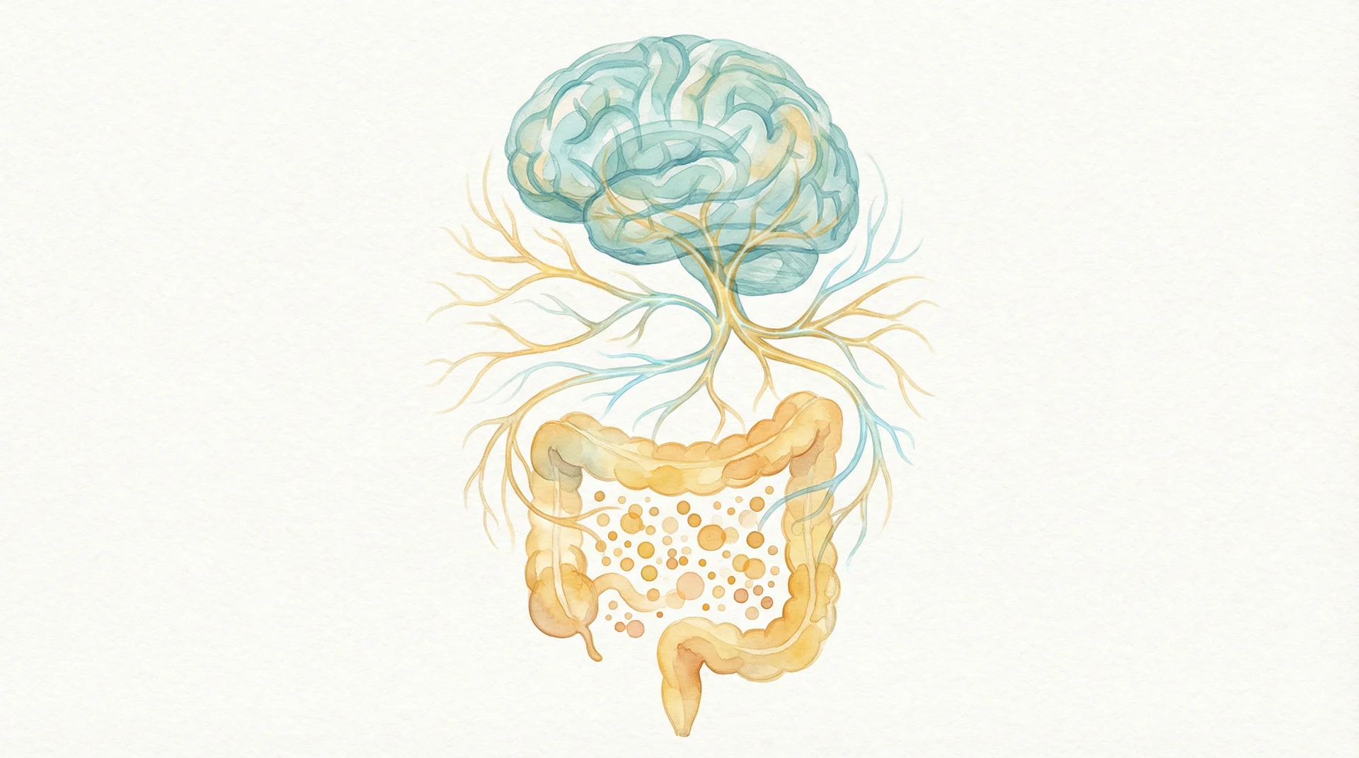 Watercolor illustration of interconnected brain and digestive system with flowing neural pathways, representing the gut-brain axis