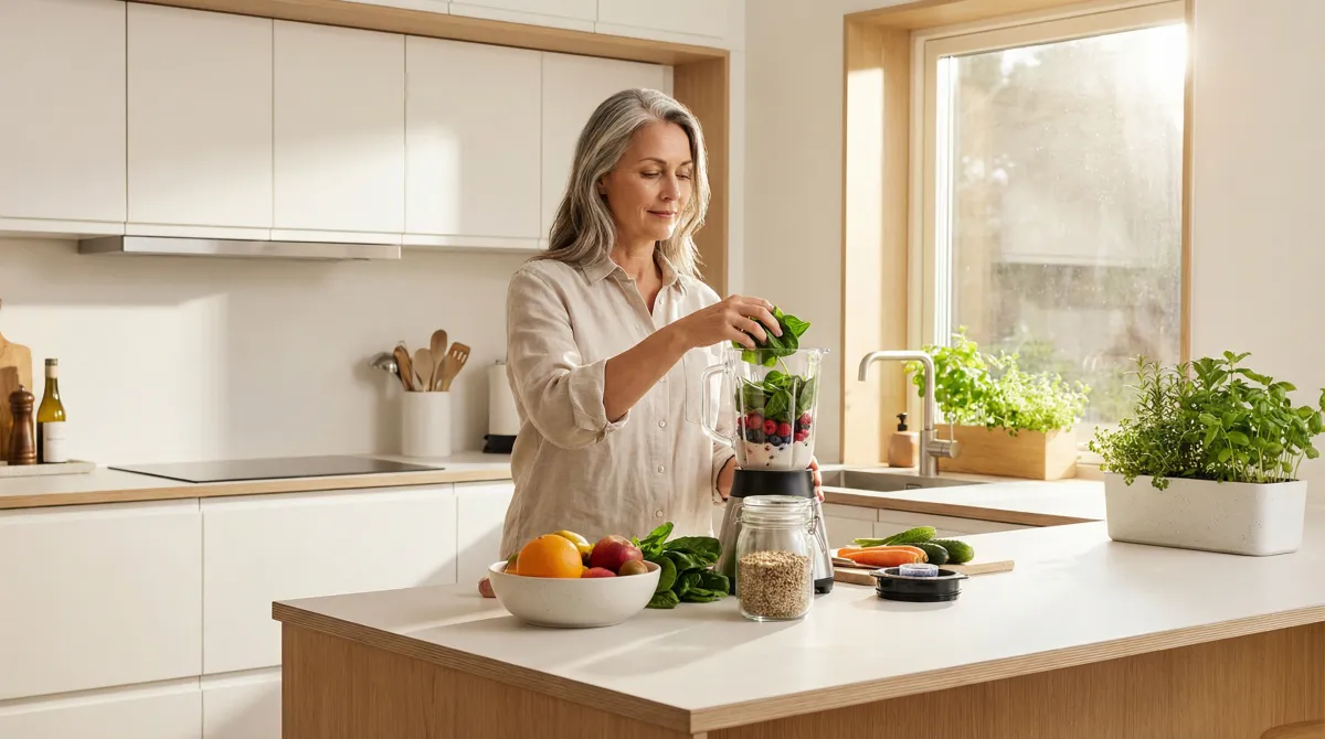 Woman in her 50s preparing a healthy smoothie in a bright kitchen - wellness and recovery after drinking