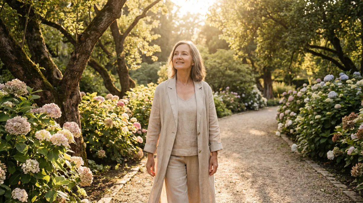Woman in her 60s taking a peaceful morning walk in a beautiful garden - gentle recovery and renewal