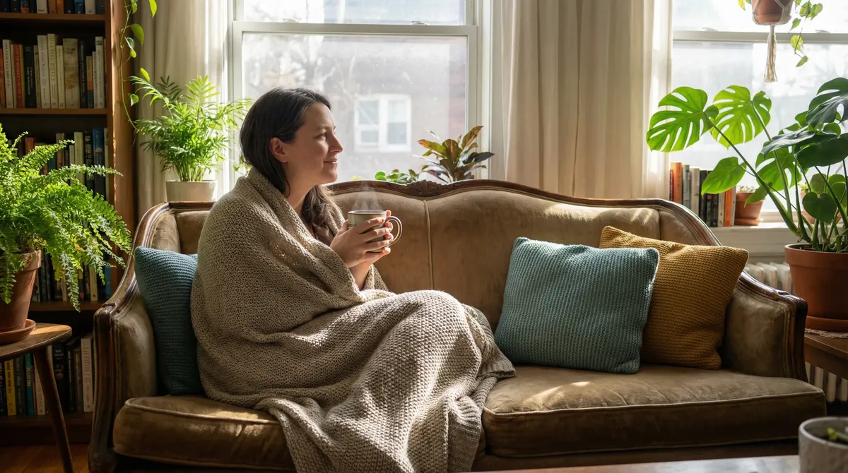 Person in their 40s relaxing on a couch with herbal tea in morning light - representing recovery and the first week of reduced drinking