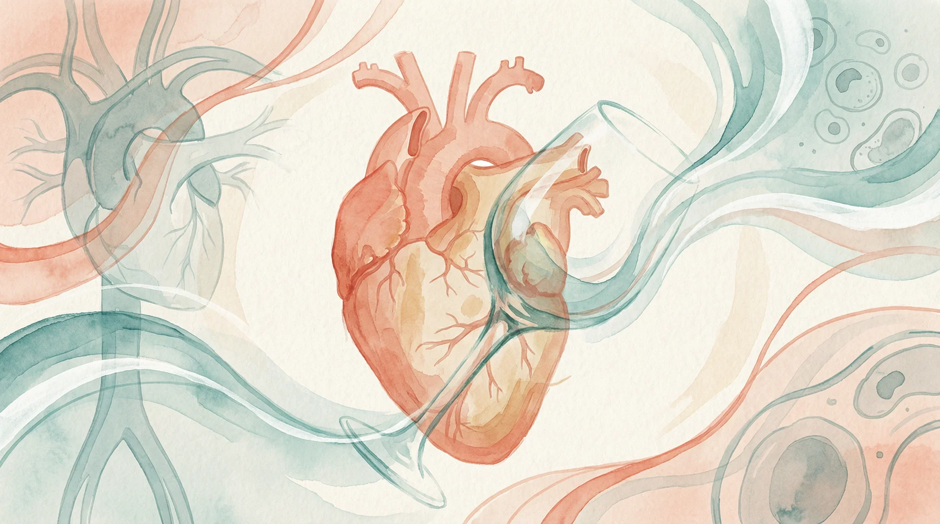 Watercolor illustration of an anatomical heart with wine glass silhouette, representing the changing science on alcohol and cardiovascular health
