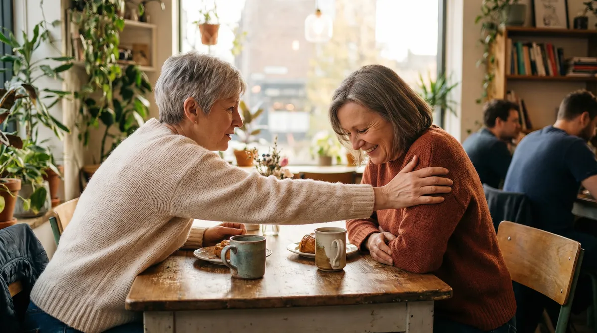 Watercolor illustration of two people having a meaningful conversation over coffee, representing authentic connection
