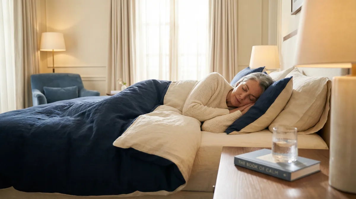 Watercolor illustration of a peaceful bedroom at night with moonlight, representing restful sleep and recovery