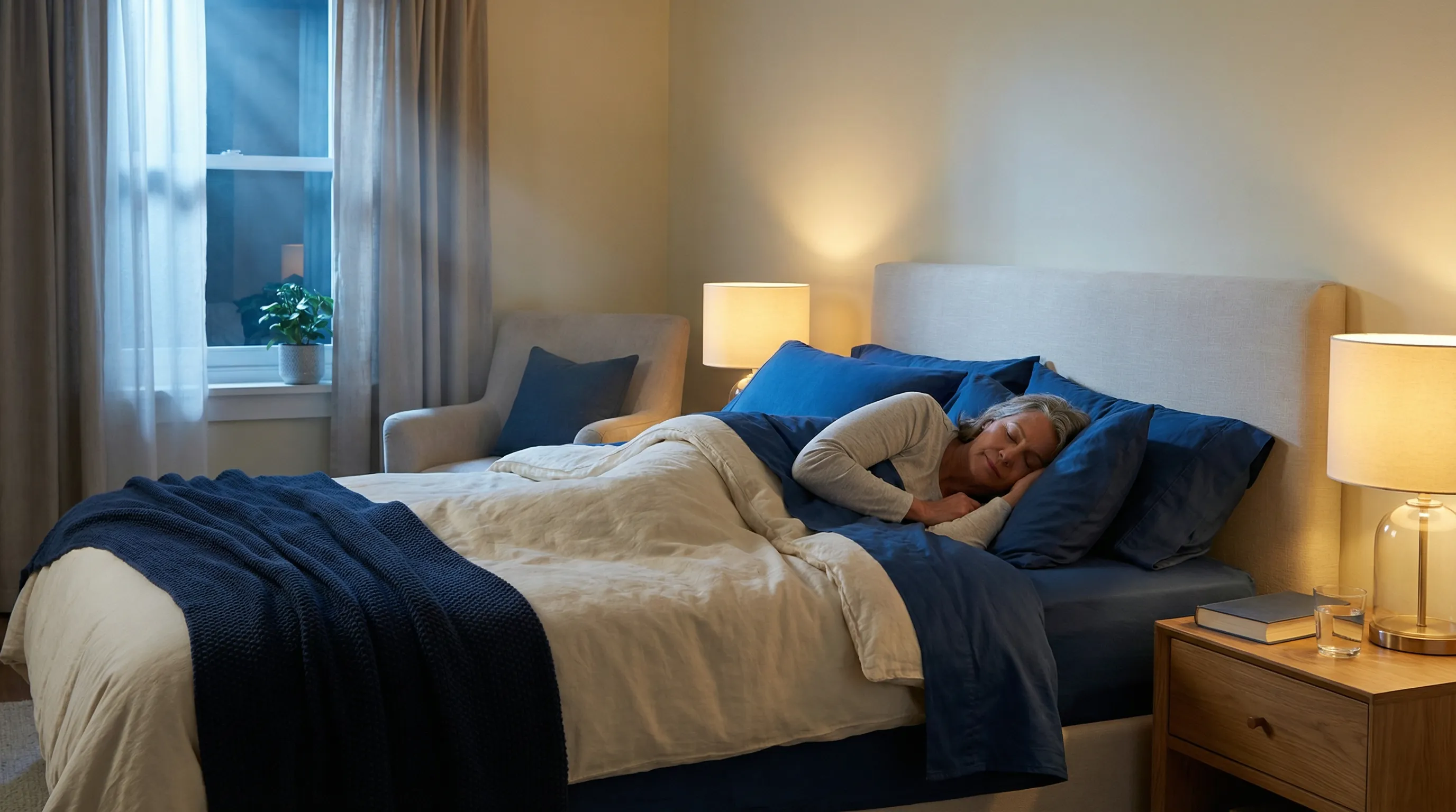 Woman in her 50s sleeping peacefully in a comfortable bedroom - illustrating quality sleep without alcohol