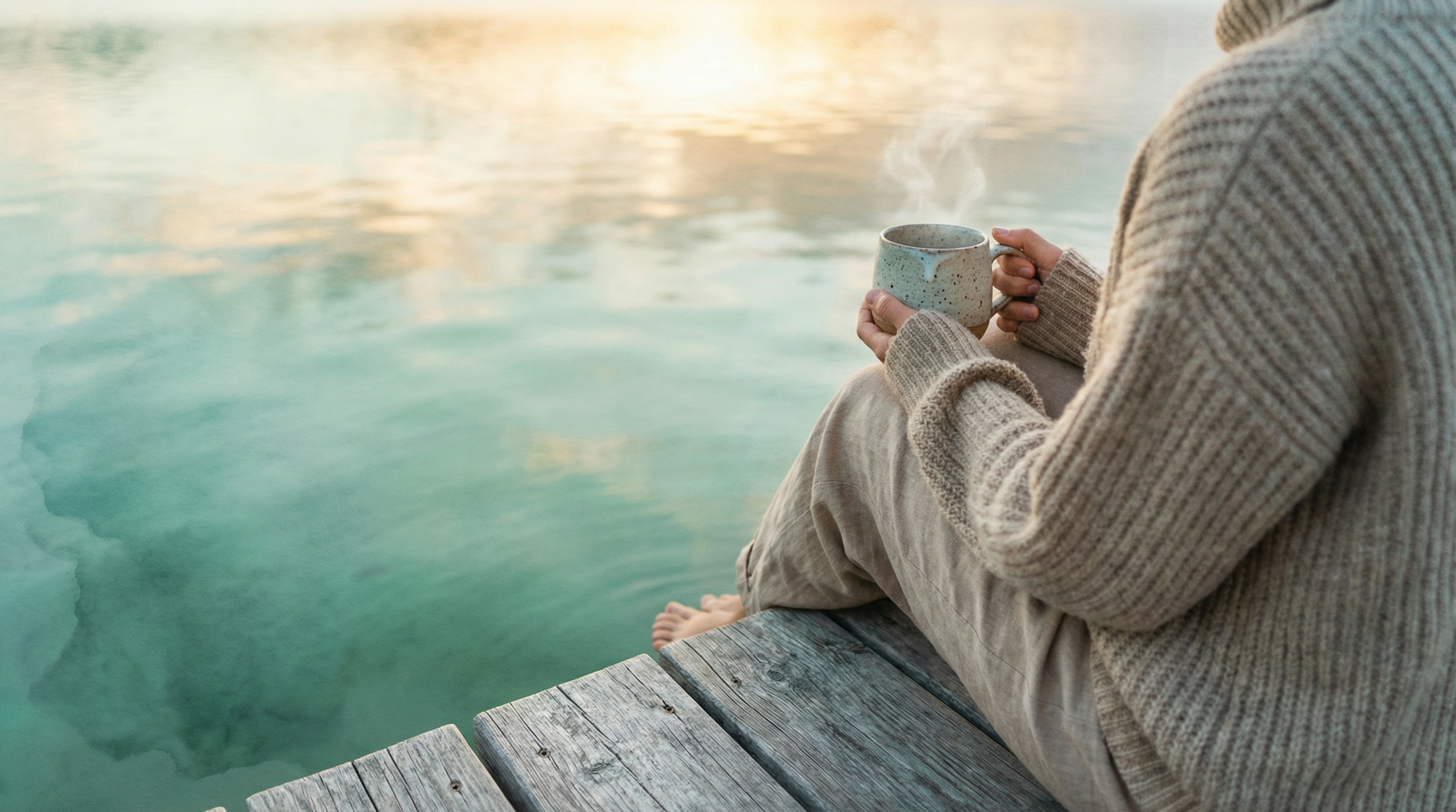 Person sitting peacefully on a dock at sunrise holding a warm mug of tea, overlooking calm turquoise water - representing the contemplative journey of sober curiosity