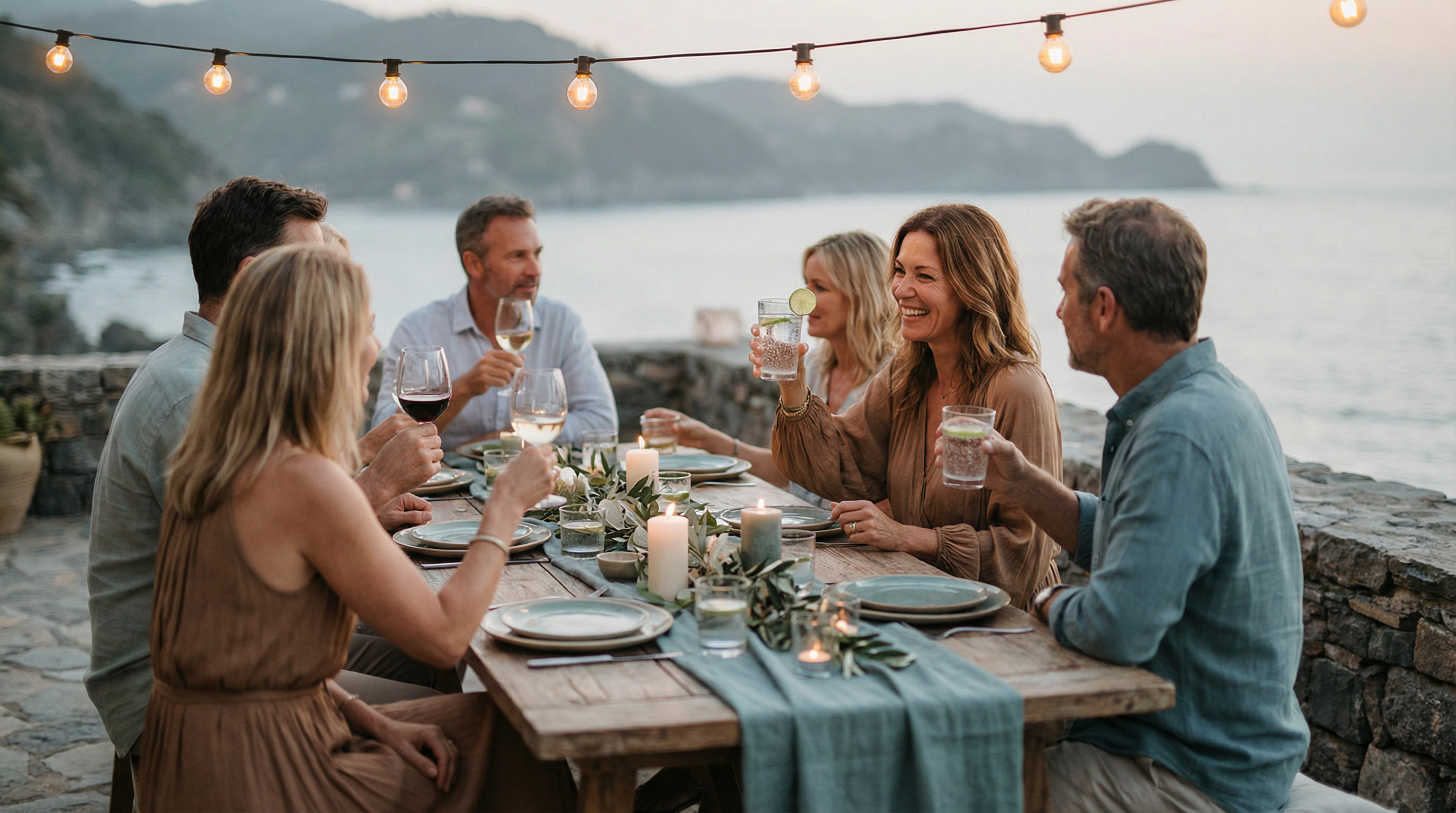 Group of adults in their 40s-50s enjoying an elegant outdoor dinner party at dusk, with some holding sparkling water and others wine, warm string lights overhead