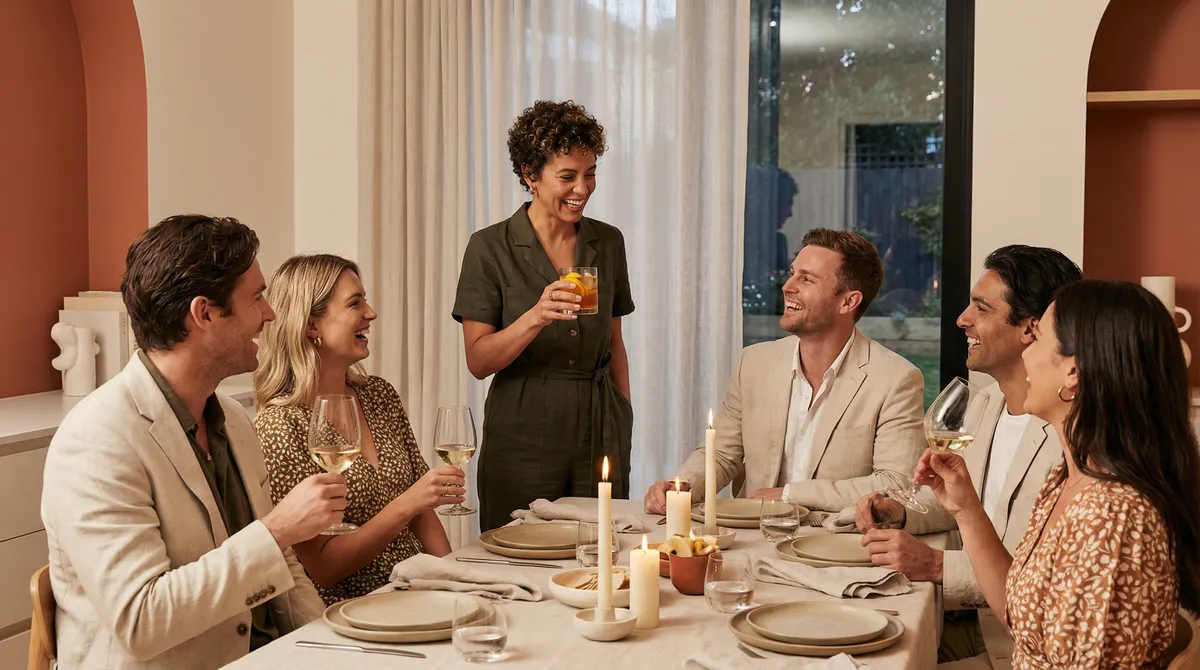 Watercolor illustration of a confident person at an elegant dinner party holding sparkling water among wine glasses