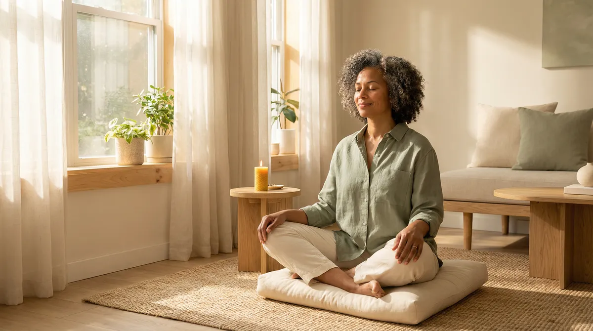 Watercolor illustration of various relaxation activities including meditation, nature walks, and journaling