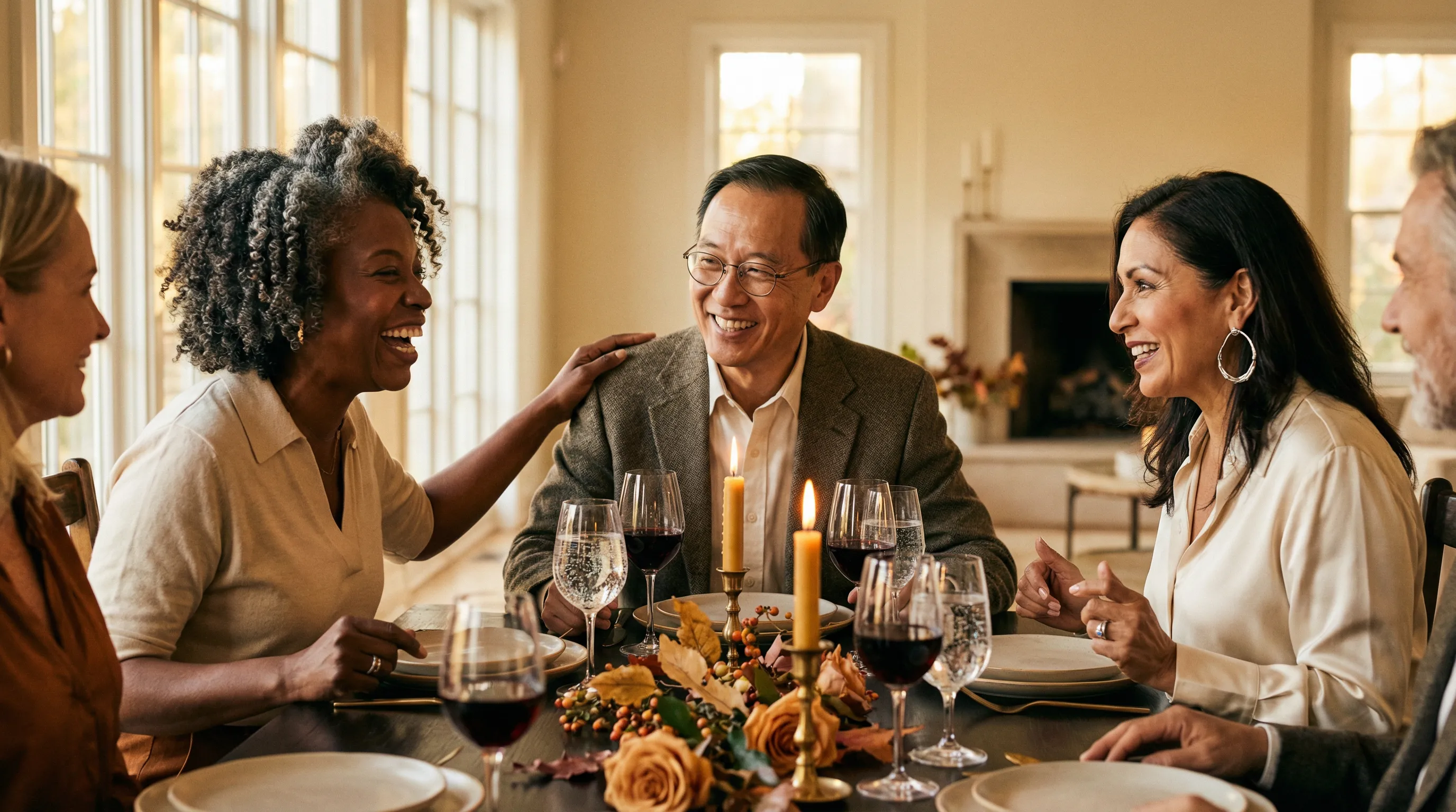 Diverse group of adults enjoying dinner together
